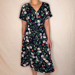 Rokoko navy floral button down modest midi dress with cape sleeves